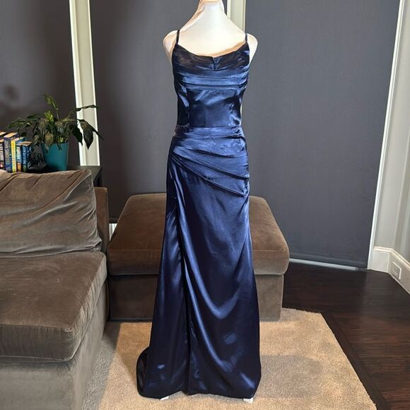 Women’s Blue FullLength Formal Dress Criss Cross Back Straps Leg Slit Size 2 NEW - Picture 1 of 13